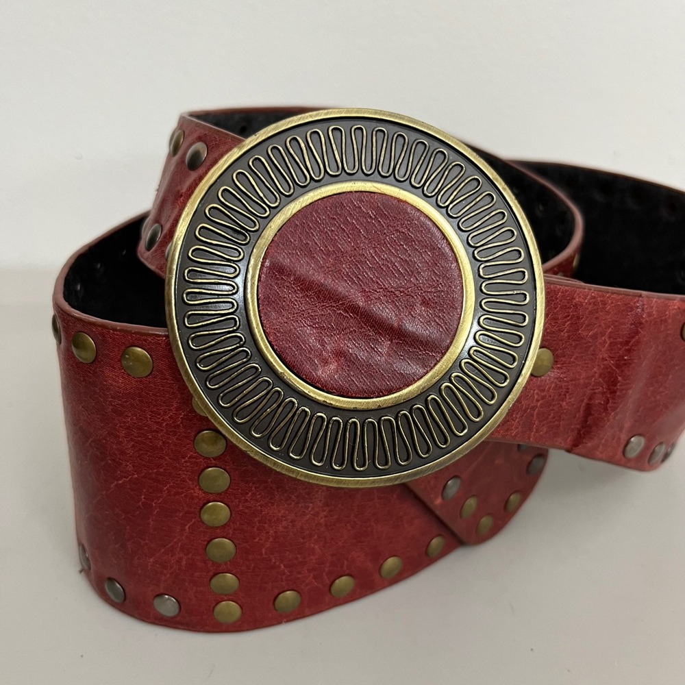 VTG Boho Studded Wide Waist Belt Red Faux Leather Steampunk Western Festival